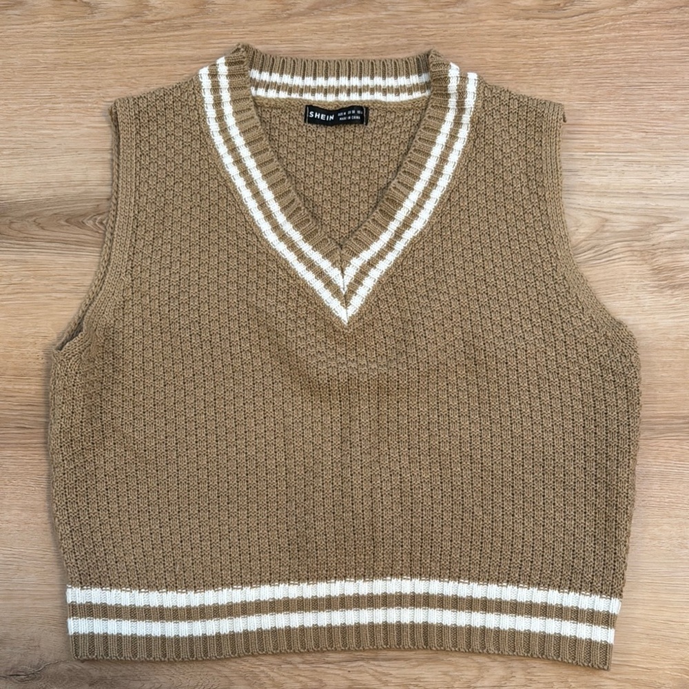 SHEIN Tan and White V-Neck Sweater Vest